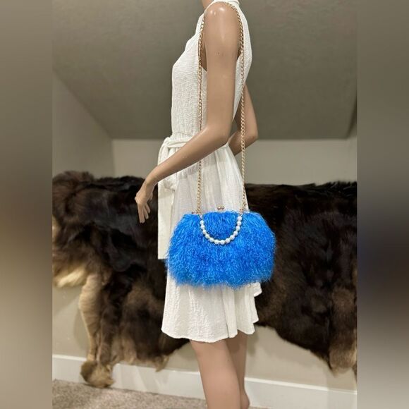 Handmade Real Mongolian Lamb Fur Kisslock Wristlet/Crossbody & 2 Chain Styles - Picture 9 of 15